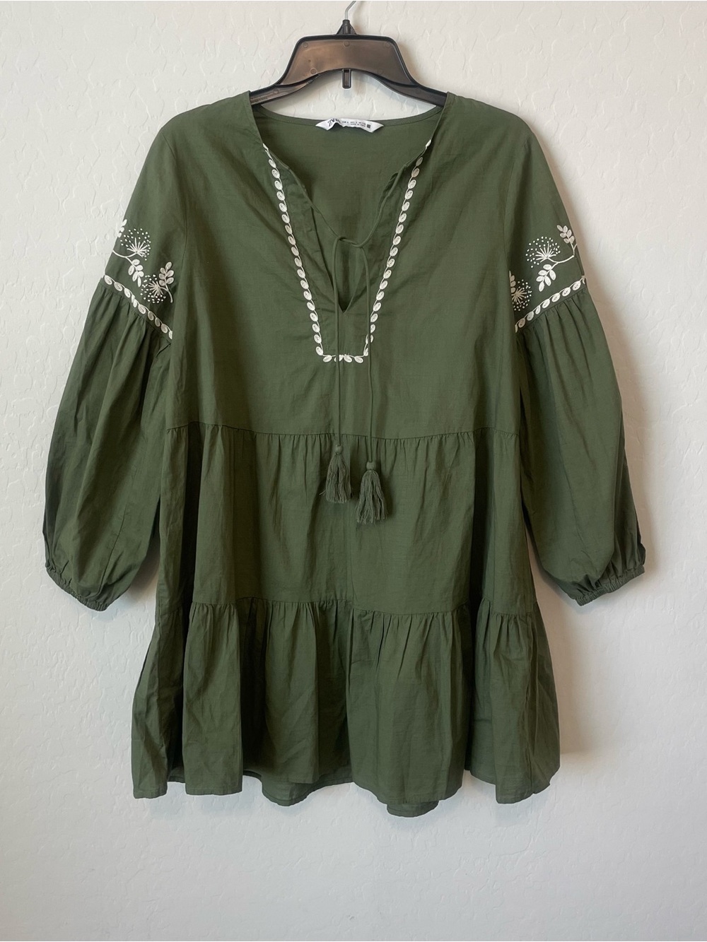 ZARA Khaki Green Embroidered Boho Tiered Mini Dress Tunic Size S